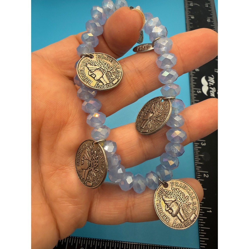 Biba Blue Iridescent Beaded Stretch Bracelet French Coin Charms Silver Tone 1808